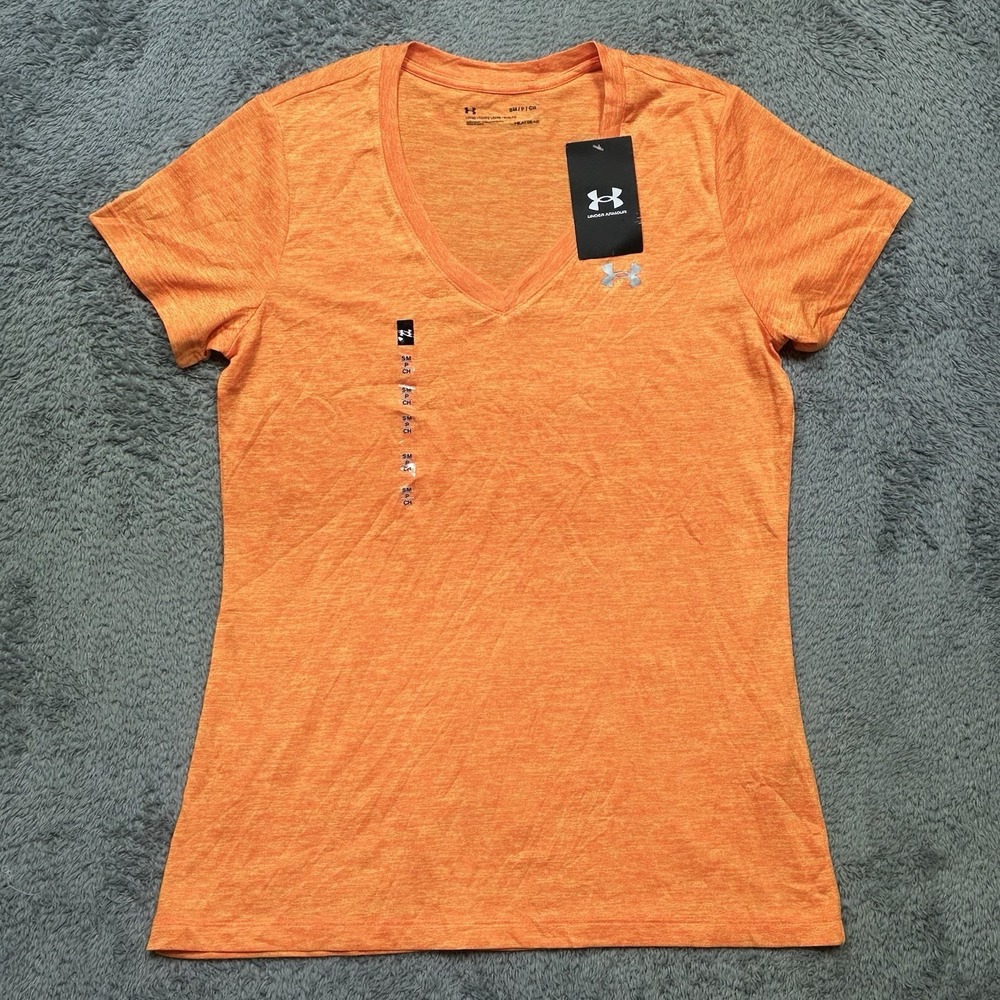 UNDER ARMOUR T-Shirt Women's S Orange Tech Twist SS V-Neck HeatGear Loose UA NEW